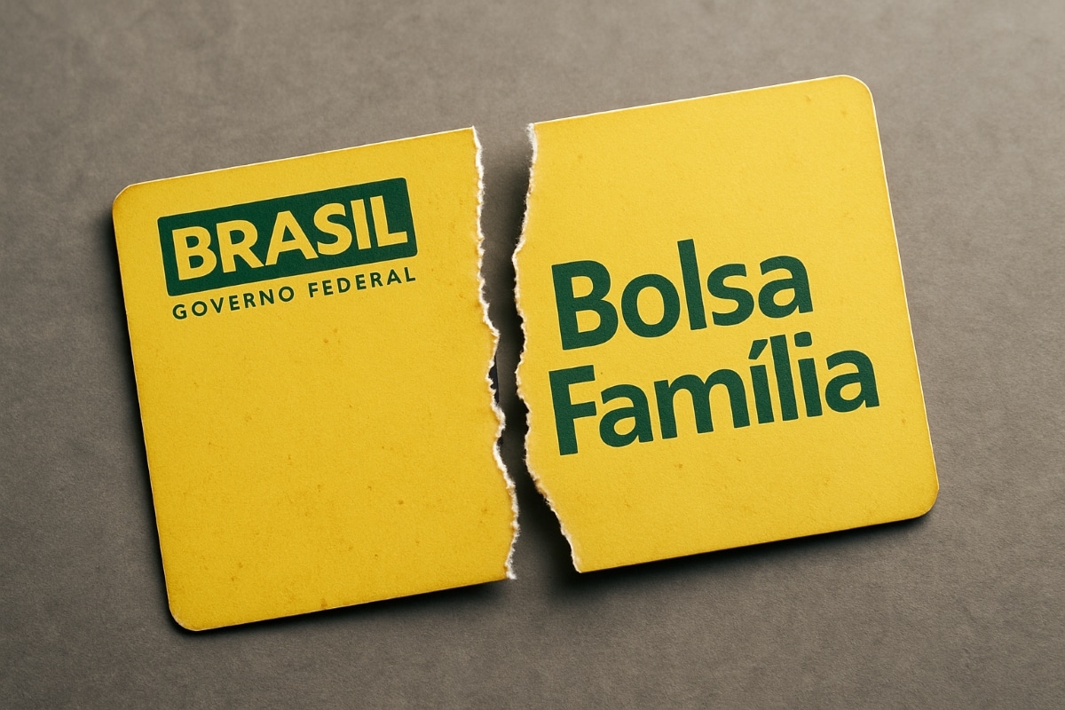 Bloqueio e Suspensão no Bolsa Família Cartão de corte do Bolsa Família, com a palavra ‘BRASIL’ acima e ‘Bolsa Família’ abaixo, sendo rasgado ao meio, simbolizando bloqueios e suspensões no programa.