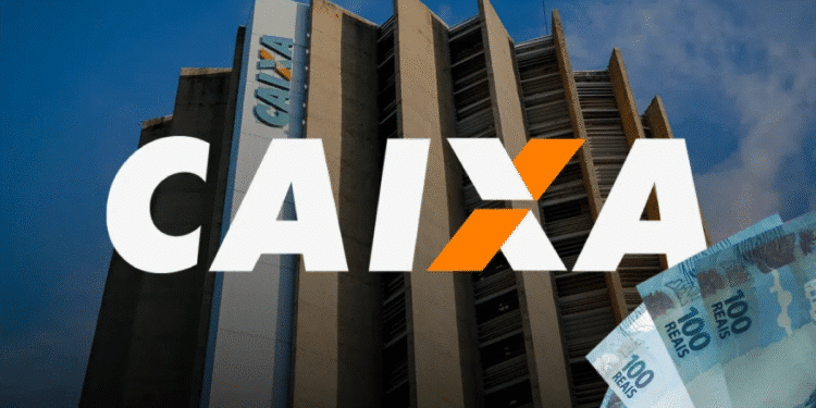 Fachada da Caixa Econômica Federal com cédulas de 100 reais em destaque.