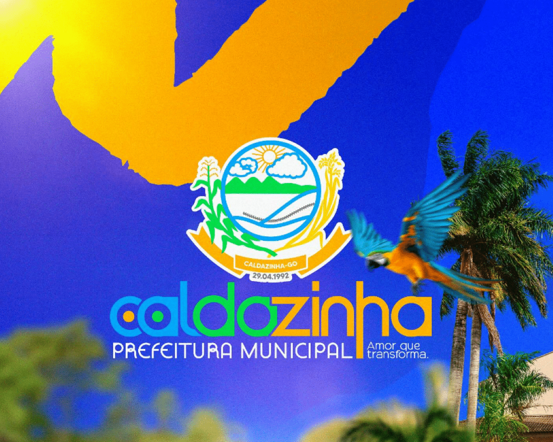 Prefeitura de Caldazinha-GO abre vagas em novo concurso público Brasão e logotipo da Prefeitura de Caldazinha-GO com fundo colorido e arara em voo.