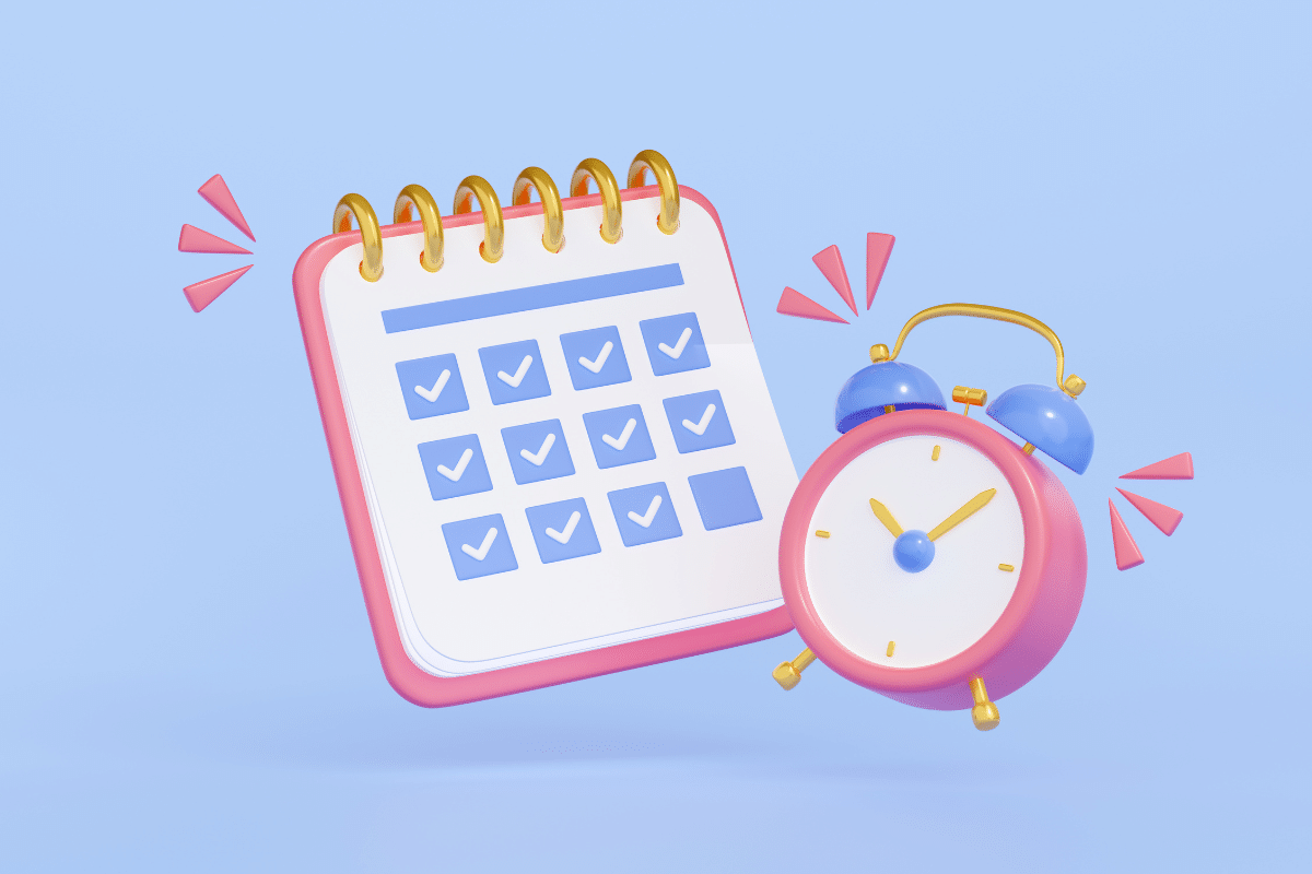  Ilustração 3D de calendário com dias marcados e relógio despertador em azul e rosa