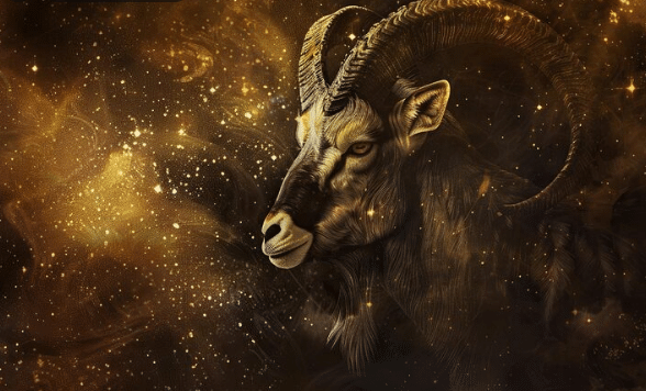 Ilustração detalhada de um bode dourado com chifres espirais contra um fundo estrelado dourado.