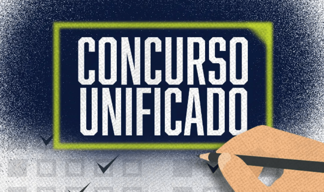 Ilustração do texto "Concurso Unificado" em destaque branco com borda amarela, sobre fundo azul escuro, e uma mão com lápis marcando itens em uma lista de verificação.