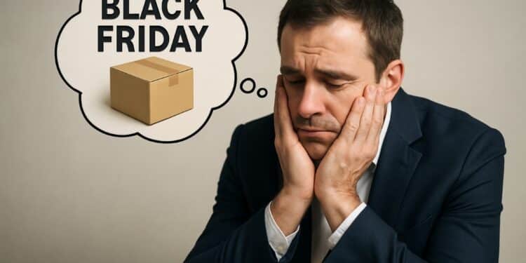 Homem preocupado pensando em arrependimento após compras online na Black Friday.