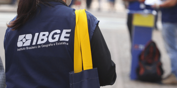 Funcionária do IBGE vista de costas usando colete azul com logo e máscara, carregando bolsa azul com alça amarela.