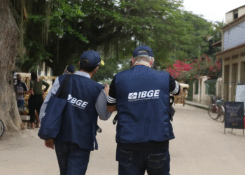 Dois pesquisadores do IBGE vestidos com coletes azuis durante trabalho de campo em rua com árvores e casas ao fundo