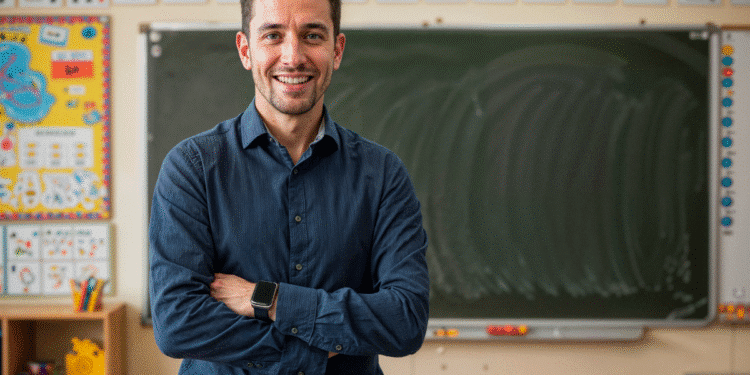 Professor sorrindo e de braços cruzados em sala de aula com quadro negro e decorações educativas ao fundo.