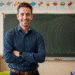 Professor sorrindo e de braços cruzados em sala de aula com quadro negro e decorações educativas ao fundo.