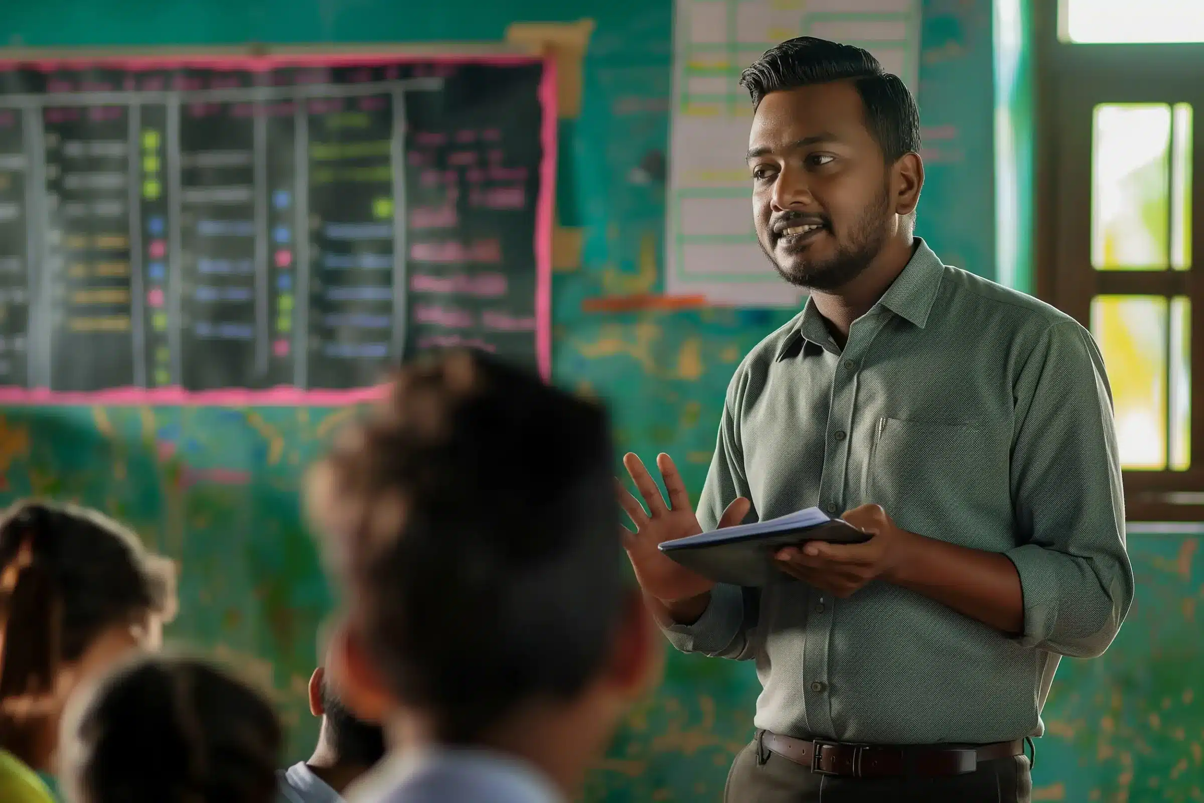 Professor ministrando aula em sala, segurando um tablet enquanto conversa com os alunos.