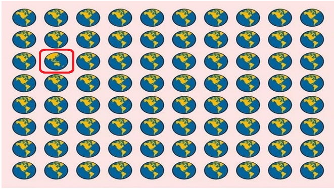 Desafio Visual Padrão de globos terrestres azuis e verdes com um globo levemente maior e destacado por um contorno vermelho.