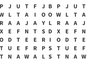 Imagem de caça-palavras com letras em preto organizadas em linhas horizontais e verticais.