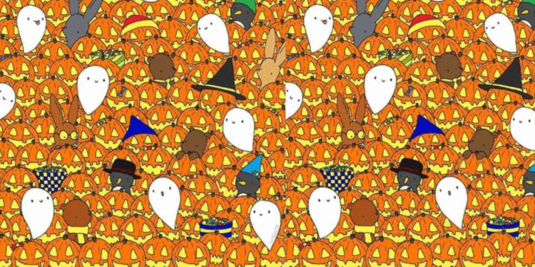 Desenho com abóboras tradicionais de Halloween e vários personagens como fantasmas e coelhos camuflados.