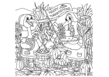 Desenho com três aves comemorando o Dia de Ação de Graças