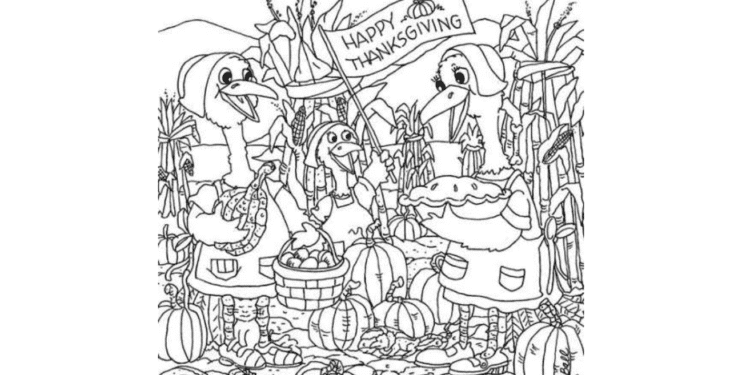 Desenho com três aves comemorando o Dia de Ação de Graças