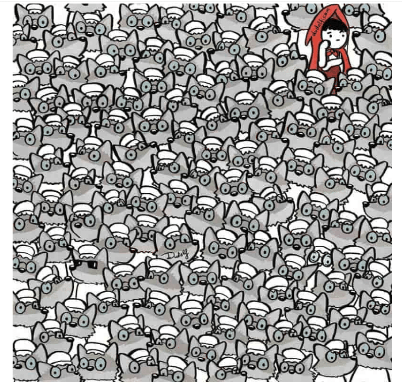 Ilustração de lobos semelhantes com chapéus brancos e Chapeuzinho Vermelho no canto superior direito.