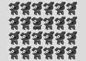 Vários cachorros pretos desenhados em sequência com olhos de tamanho igual, mas um dos cachorros é diferente.