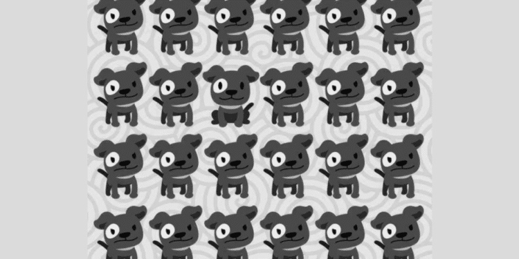 Vários cachorros pretos desenhados em sequência com olhos de tamanho igual, mas um dos cachorros é diferente.