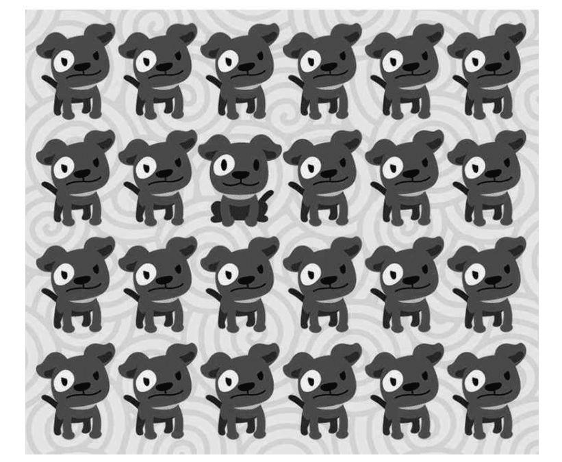  Vários cachorros pretos desenhados em sequência com olhos de tamanho igual, mas um deles é diferente.