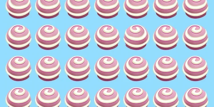Desafio visual com fileiras de doces rosa e branco para encontrar o doce diferente.