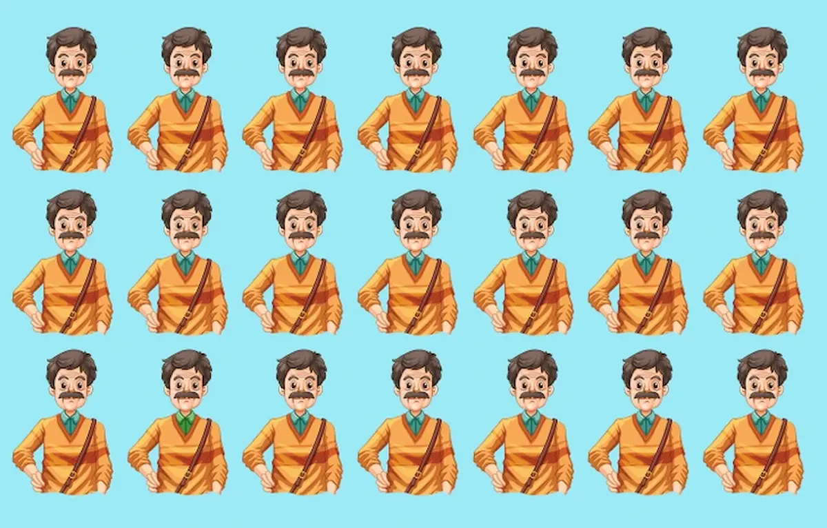 Imagem com múltiplas versões de um homem em um desafio visual para encontrar a versão diferente.