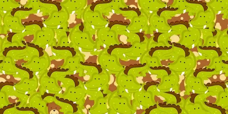 Ilustração de vários crocodilos verdes onde um pequeno urso está escondido entre eles, fazendo parte de um desafio visual.
