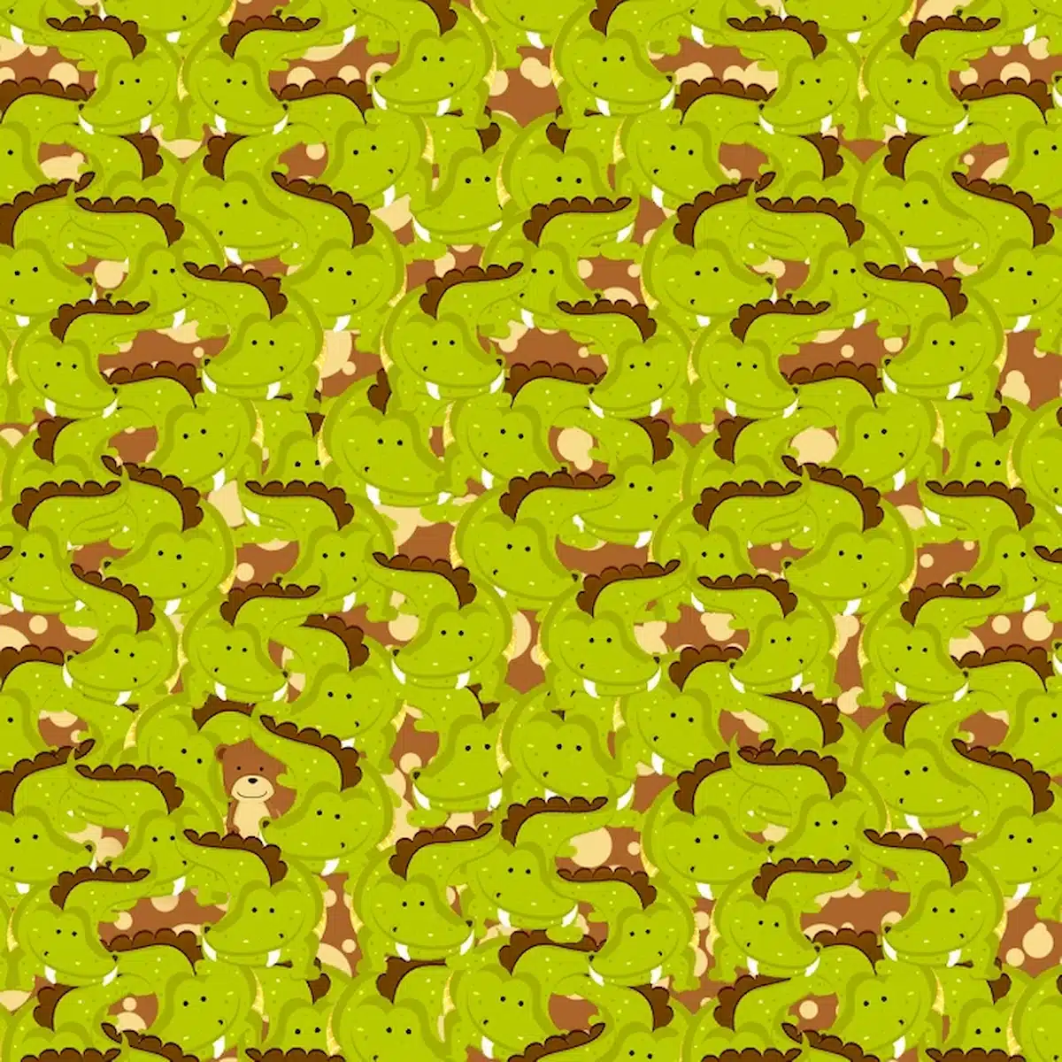 Ilustração de vários crocodilos verdes onde um pequeno urso está escondido entre eles, fazendo parte de um desafio visual.