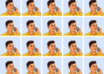 Imagem com um desafio visual: jovem em camisa amarela falando ao telefone. O objetivo é identificar a principal diferença entre as várias versões da imagem.