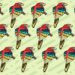 Desafio visual com uma ilustração de várias araras coloridas em tons de vermelho, azul e amarelo, organizadas em três fileiras sobre fundo bege