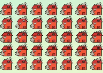 Desafio visual com várias casas vermelhas iguais e uma diferente em um fundo verde