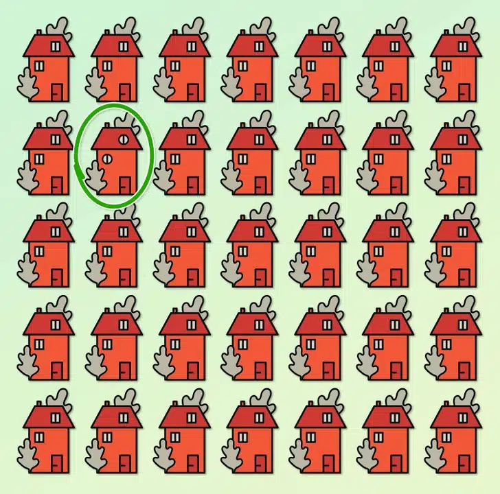 Desafio visual com várias casas vermelhas iguais e uma diferente em um fundo verde