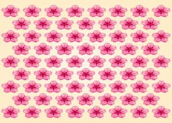 Desafio visual padrão repetido de flores de cerejeira rosa sobre fundo bege claro formando linhas regulares