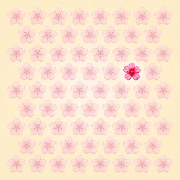Encontre a flor diferente entre as flores de cerejeira rosa em padrão repetido Desafio visual padrão repetido de flores de cerejeira rosa sobre fundo bege claro formando linhas regulares