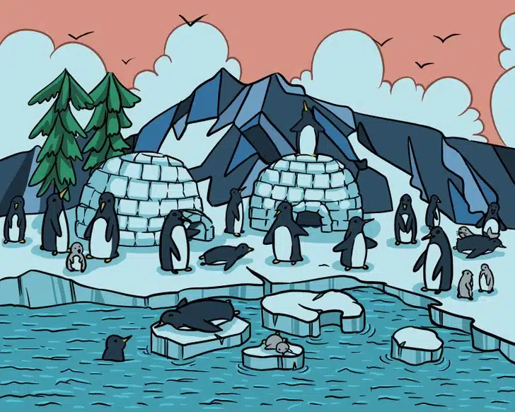 Desafio visual mostrando pinguins em um ambiente congelado com montanhas.