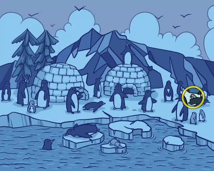 Desafio visual mostrando pinguins em um ambiente congelado com montanhas.