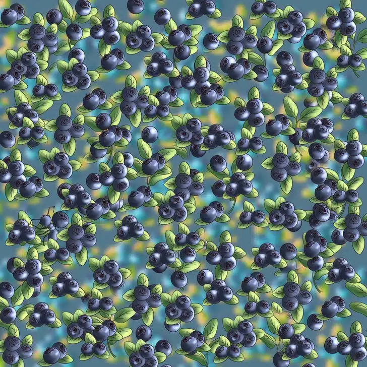 Desafio visual com uma ilustração de mirtilos azuis com folhas verdes em fundo desfocado azul e amarelo