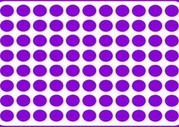 Desafio visual com padrão de círculos roxos alinhados sobre um fundo branco com borda roxa arredondada.