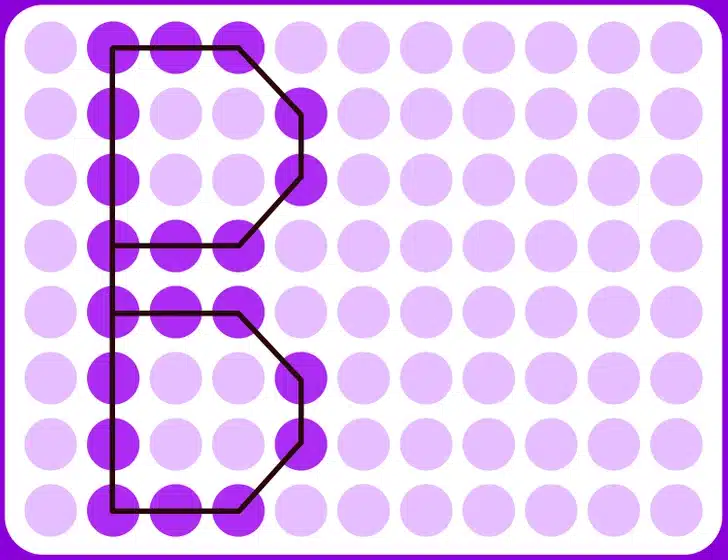 Desafio visual com padrão de círculos roxos alinhados sobre um fundo branco com borda roxa arredondada.