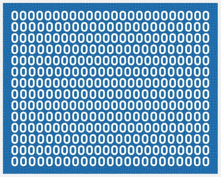Desafio visual para encontrar a letra D em um padrão cheio de zeros brancos sobre fundo azul. Desafio visual com vários números zeros brancos em fundo azul, com uma letra escondida entre eles.