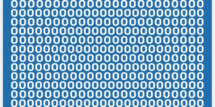 Desafio visual com vários números zeros brancos em fundo azul, com uma letra escondida entre eles.