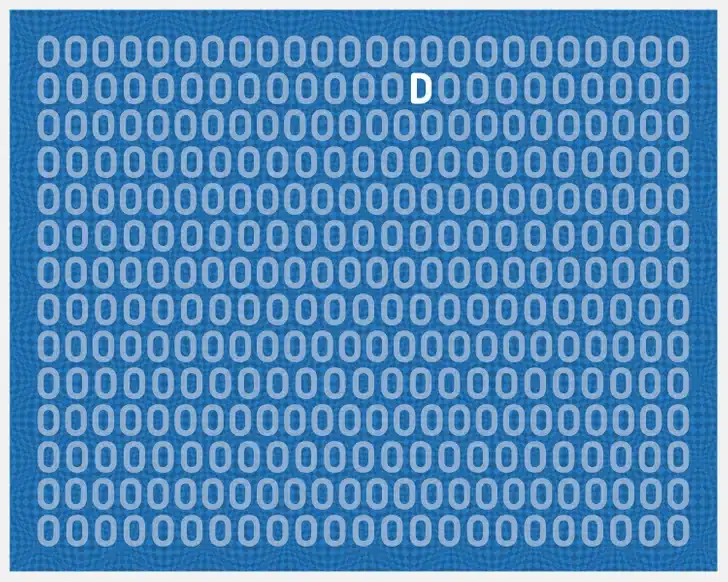 Desafio visual encontrar a letra D entre os zeros. Desafio visual com vários números zeros brancos em fundo azul, com uma letra escondida entre eles.