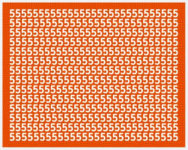 Encontre a letra S oculta entre vários números 5 em um fundo laranja. Desafio visual com padrão do número 5 repetido em fundo laranja, contendo uma letra S escondida