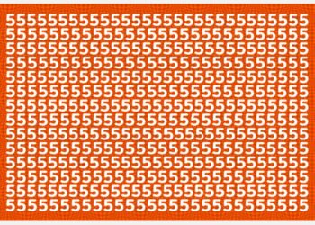 Desafio visual com padrão do número 5 repetido em fundo laranja, contendo uma letra S escondida