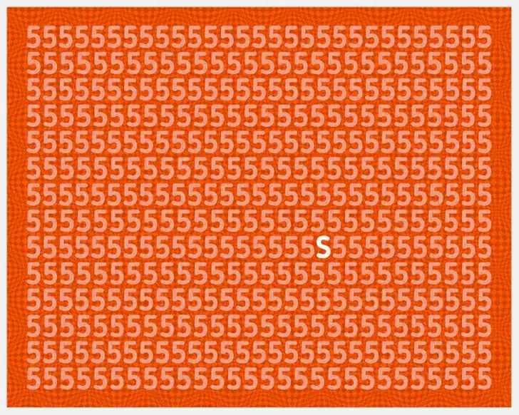 Desafio visual para achar a letra S escondida no meio de vários números 5. Desafio visual com padrão do número 5 repetido em fundo laranja, contendo uma letra S escondida
