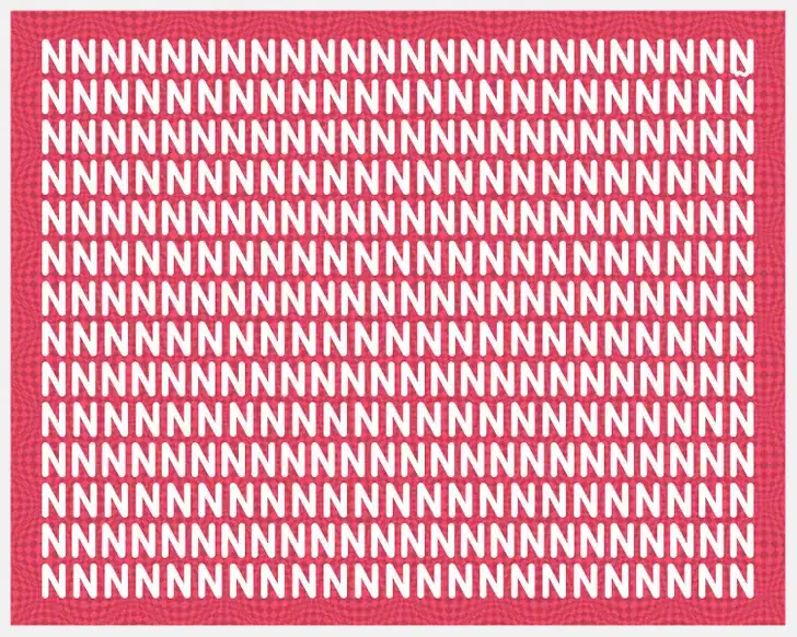 Desafio visual com letras brancas "N" repetidas em padrão sobre fundo rosa.