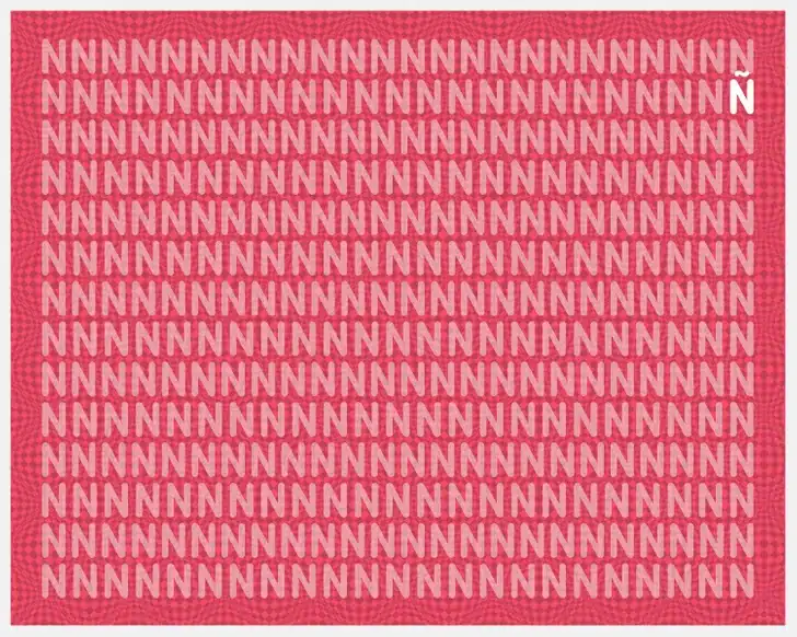 Desafio visual com letras brancas "N" repetidas em padrão sobre fundo rosa.