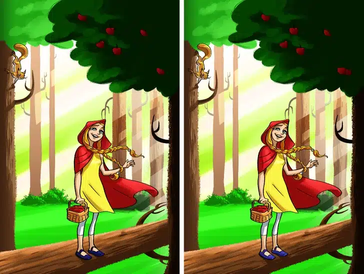 Descubra as duas diferenças na cena da menina com capa vermelha na floresta. Desafio visual com uma garota vestida de capa vermelha na floresta, segurando uma cesta com maçãs, com esquilo no galho e maçãs na árvore.