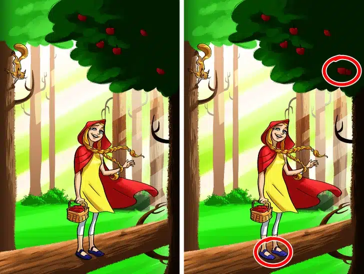 Encontre duas diferenças na imagem da menina na floresta segurando uma cesta de maçãs. Desafio visual com uma garota vestida de capa vermelha na floresta, segurando uma cesta com maçãs, com esquilo no galho e maçãs na árvore.