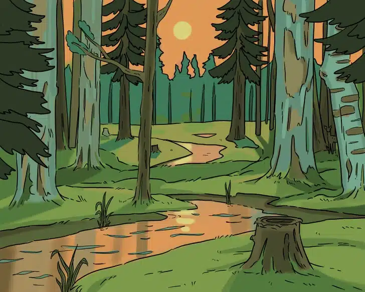 Encontre o cervo escondido na floresta ao pôr do sol com rio refletindo. Desafio visual com uma paisagem desenhada de floresta com árvores altas, rio e pôr do sol alaranjado no céu