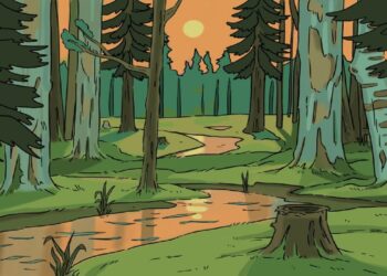 Desafio visual com uma paisagem desenhada de floresta com árvores altas, rio e pôr do sol alaranjado no céu