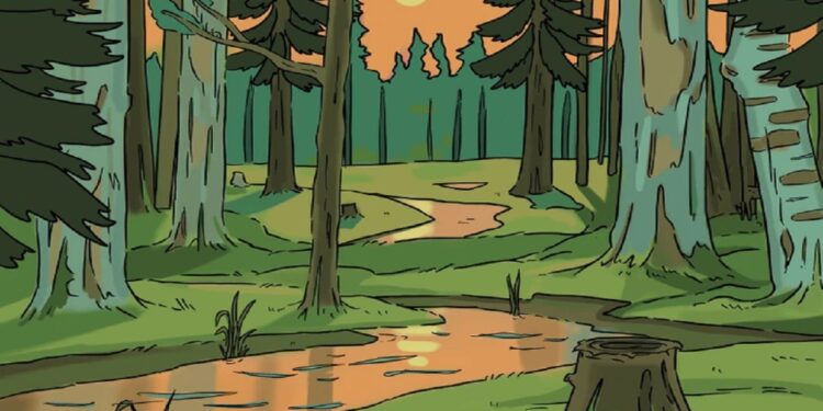 Desafio visual com uma paisagem desenhada de floresta com árvores altas, rio e pôr do sol alaranjado no céu