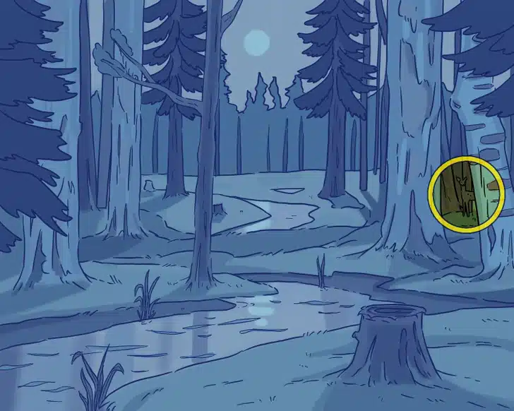 Encontre o cervo nesta paisagem de floresta ao pôr do sol com rio Desafio visual com uma paisagem desenhada de floresta com árvores altas, rio e pôr do sol alaranjado no céu